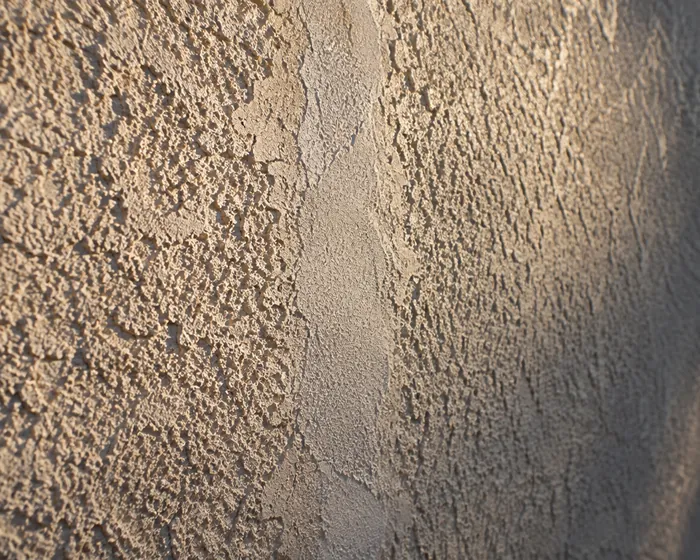 Patched and sealed stucco wall ready for coating